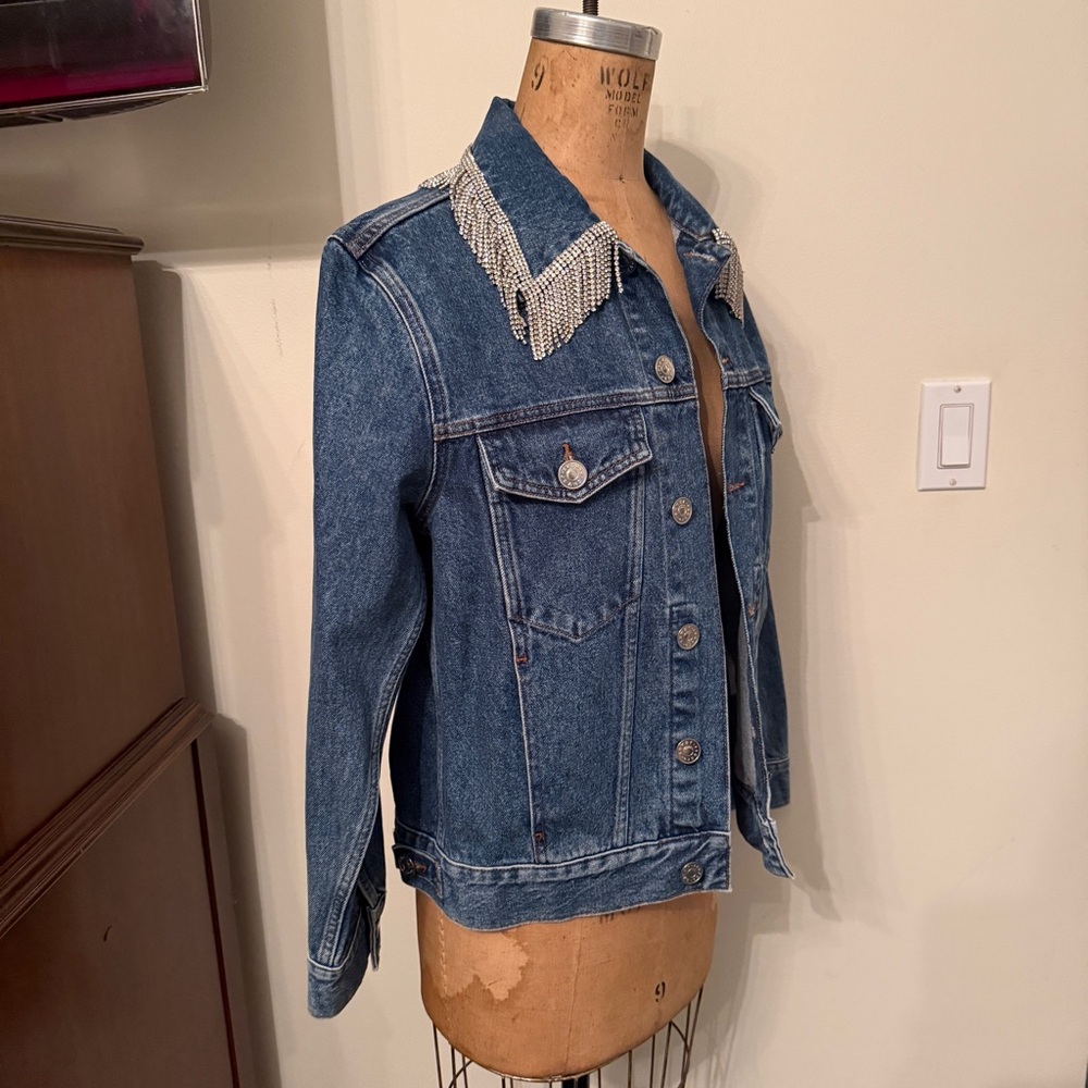 Sandro Noemie Rhinestone Fringe Denim Trucker Jacket - Picture 5 of 9